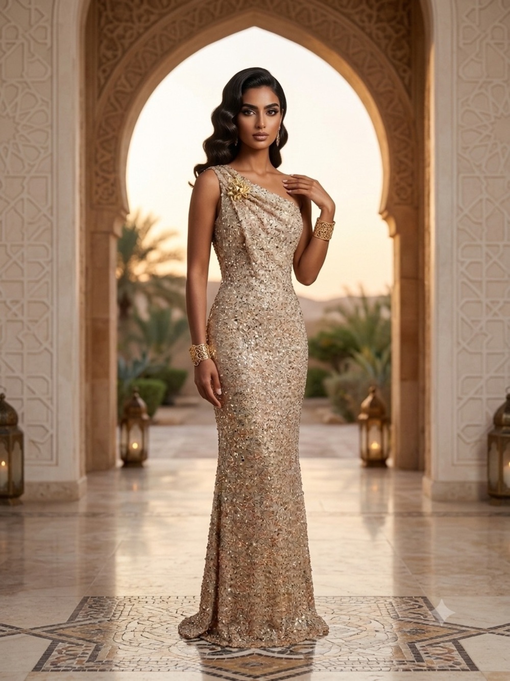 Vintage Marc Bouwer Gold Sequin One-Shoulder Evening Gown Size 4
